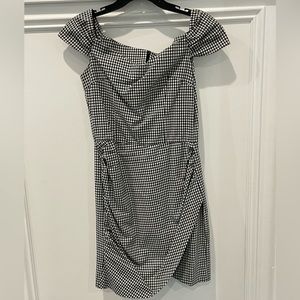 Off the should block and white gingham aqua dress